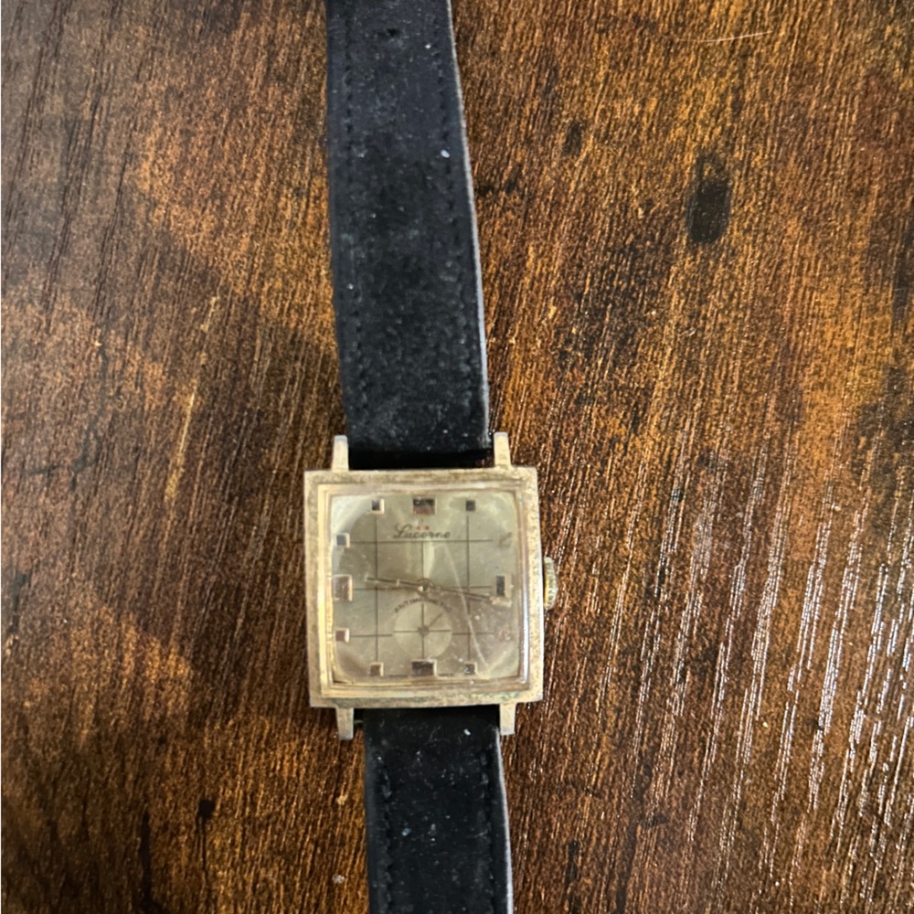 Vintage Gold Watch with Black Strap, Lucerne